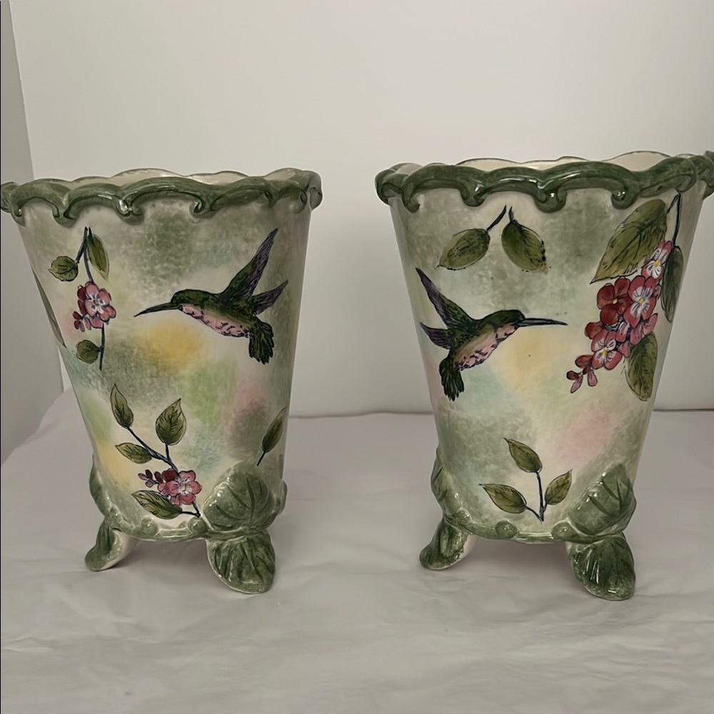 Vintage from Village Treasure House Floral Hummingbird Ceramic Vases